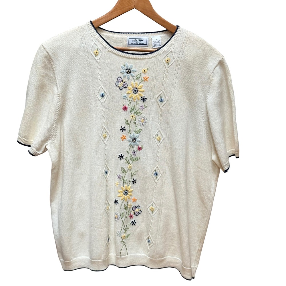 Adeline by Alfred Dunner Womens 2X Embroidered Floral Sweater Top Cream Cottage